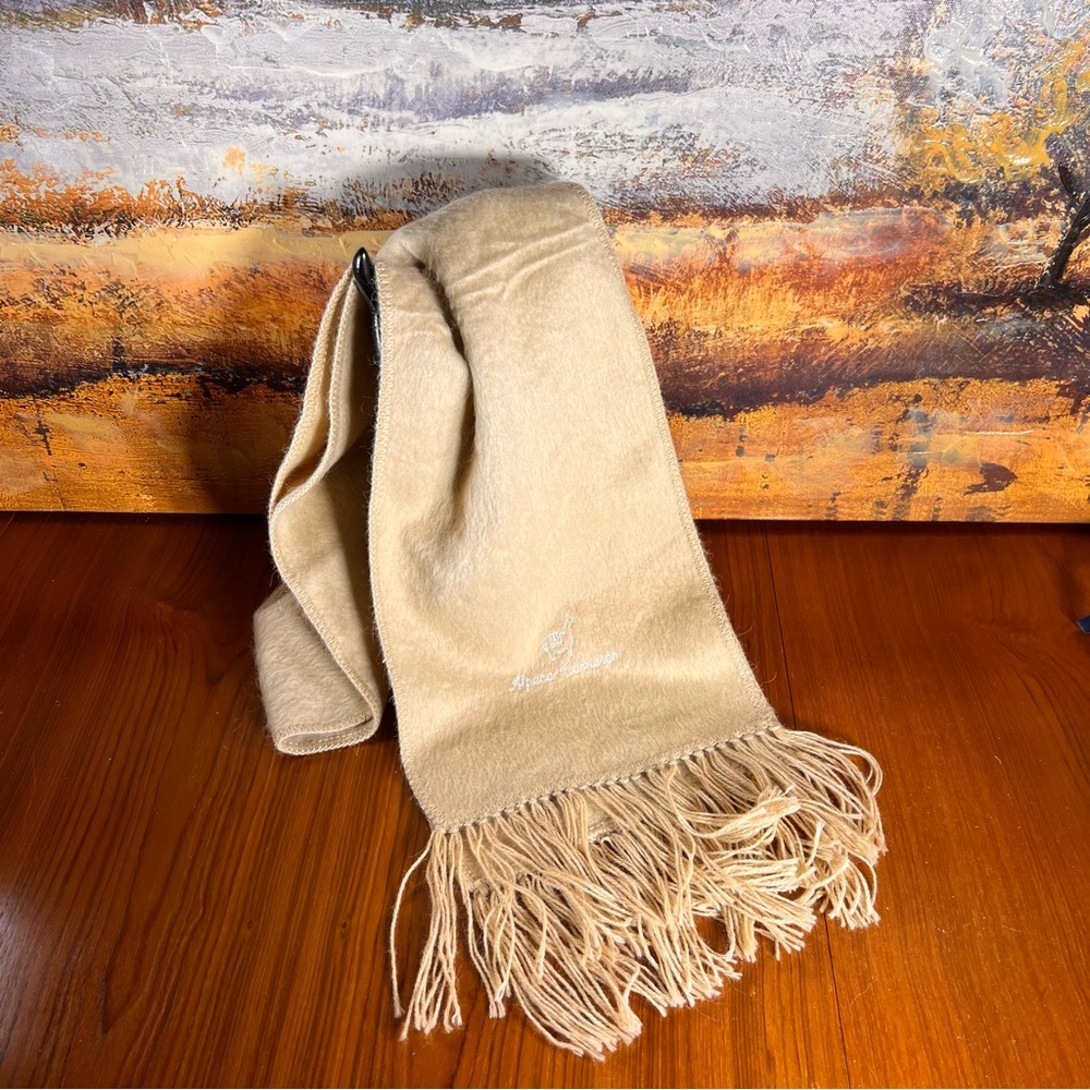 Alpaca Camarge Scarf Tan Camel Fringe 64" Long Excellent Condition